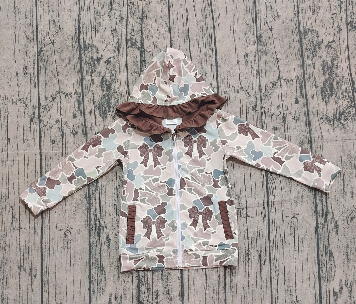 10.1 GT1263 XS-3XL Sample No Moq Baby Girls Grey Bows Camo Pockets Zipper Ruffle Hoodies Top