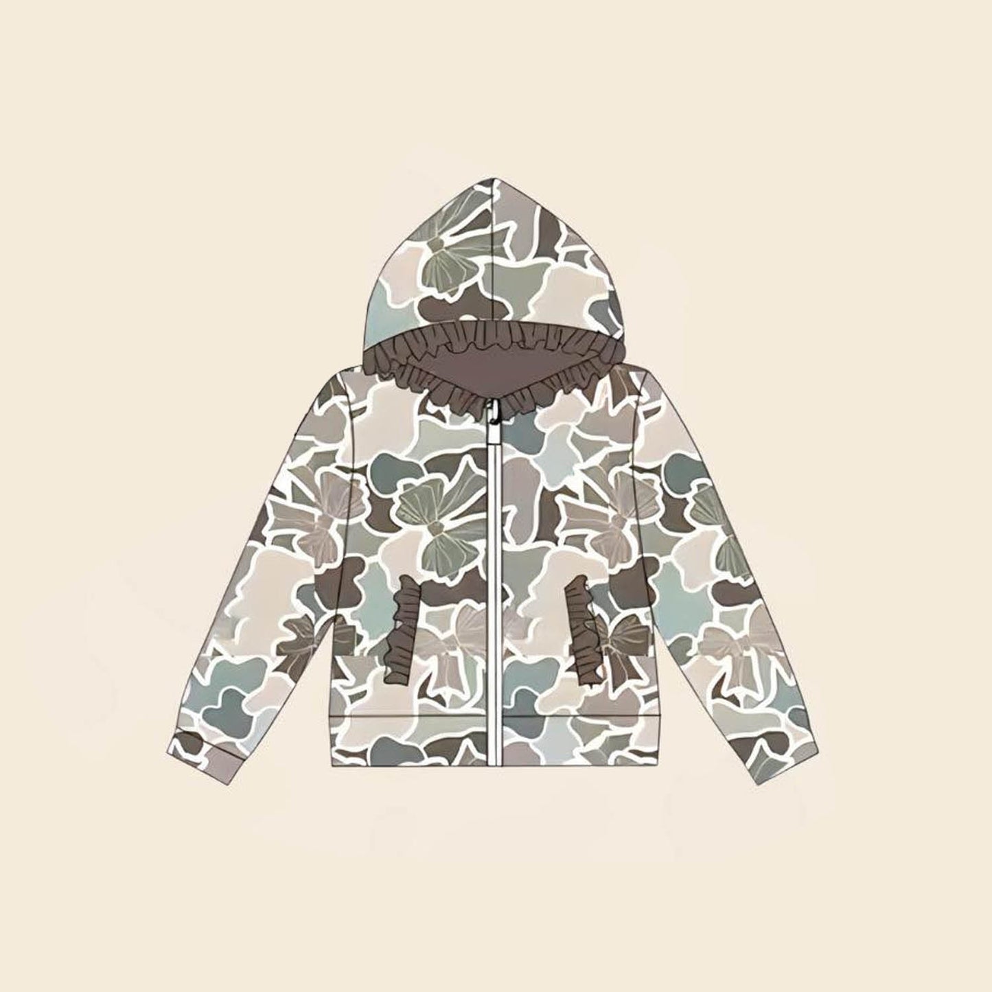 9.27 GT1263 Pre order No Moq Baby Girls Grey Bows Camo Pockets Zipper Ruffle Hoodies Top