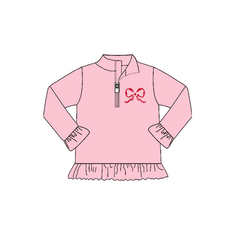 9.30 GT1270 Pre order No Moq Yoga fabric Baby Girls Long Ruffle Sleeve Bows Zipper Valentine Pullovers Top
