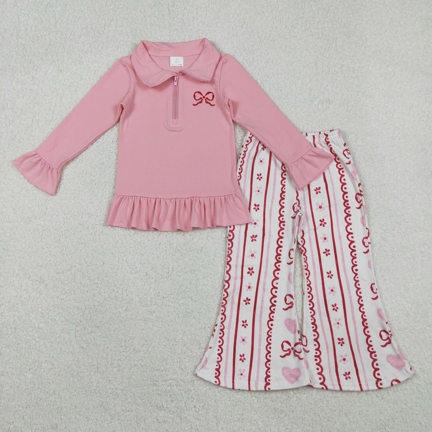 12.3 RTS NO MOQ (In stock)GT1270+P0894 Embroidery Bow Baby Girls Pink Long Ruffle Sleeve Zipper Valentines Pullovers Top Flare Pants Bottom