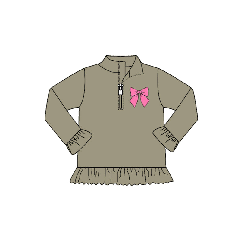 9.30 GT1272 Pre order No Moq Yoga fabric Baby Girls Long Ruffle Sleeve Bows Zipper Valentine Pullovers Top