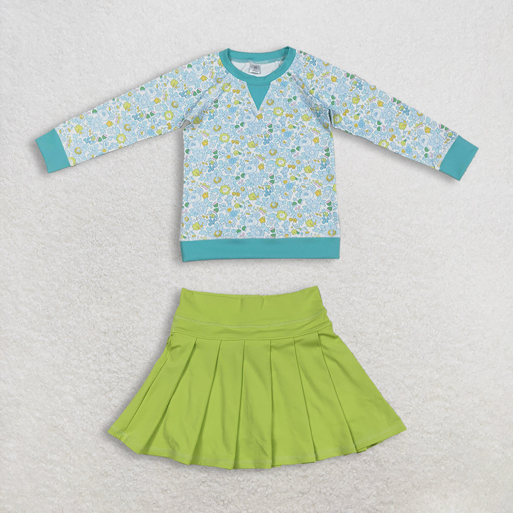 12.24 RTS NO MOQ (In stock)GT1294 + GLK0081 Baby Girls Green Blue Flowers Long Sleeve Yoga Active T-shirts Top Yoga Active Wear Skirts