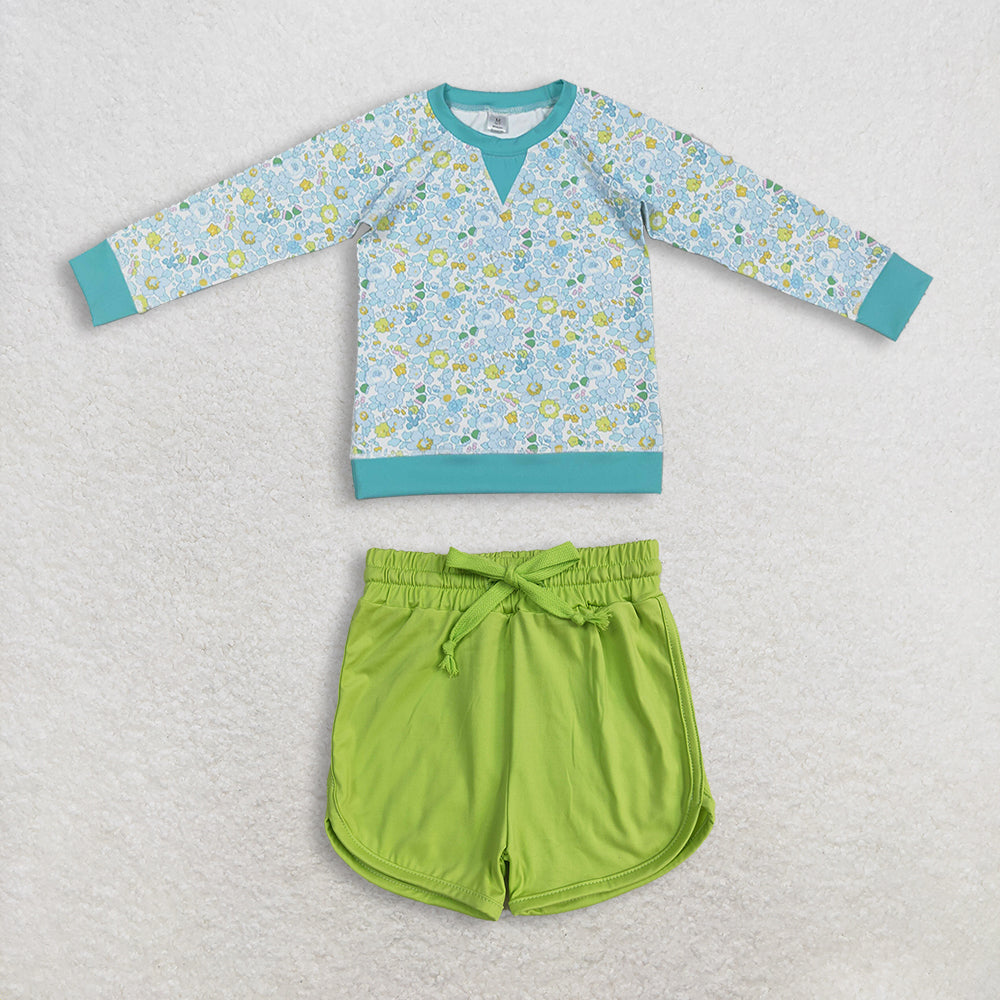 12.24 RTS NO MOQ (In stock)GT1294 + SS0506 Baby Girls Green Blue Flowers Long Sleeve Yoga Active T-shirts Top Yoga Shorts Bottoms