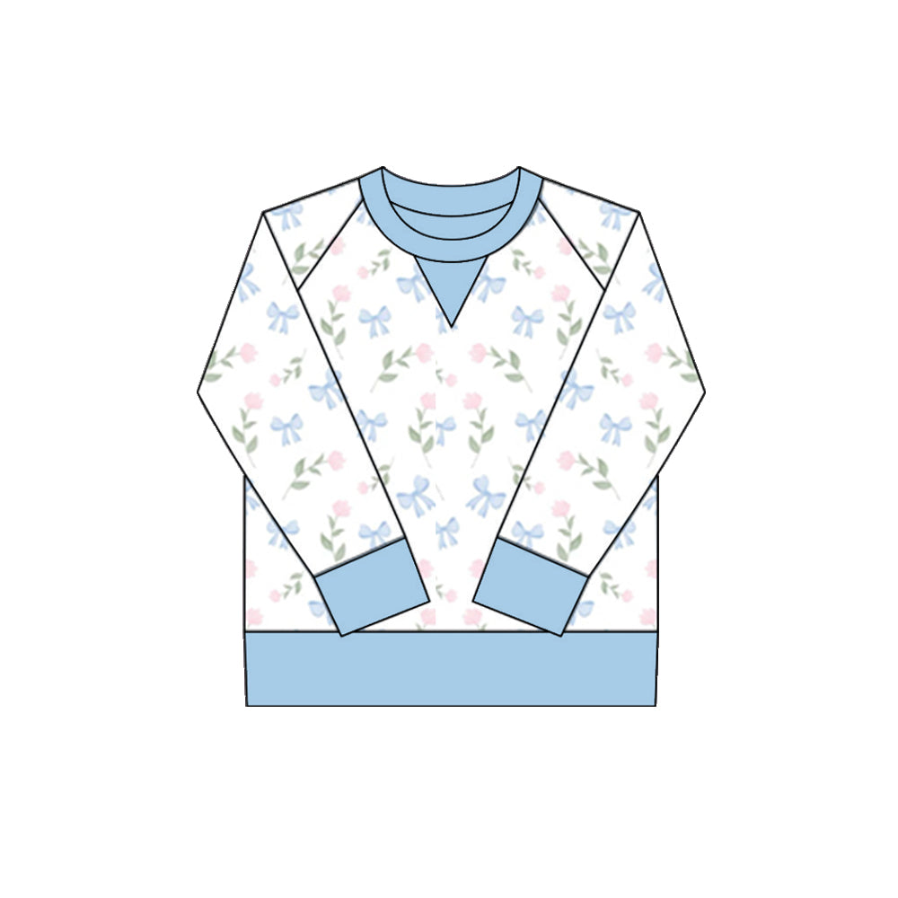 10.1 GT1295 Pre order No Moq Yoga fabric Baby Girls Pink Blue Bows Flowers Long Sleeve Yoga Tee Shirts Top