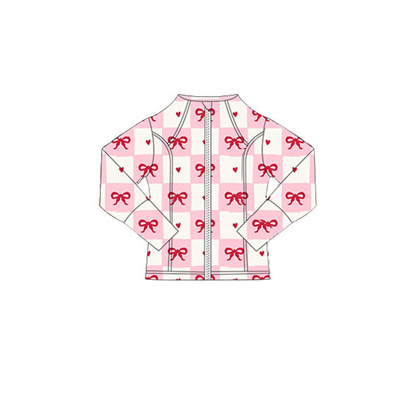 10.18 GT1343 Pre order No Moq Yoga fabric Baby Girls Pink Bows Hearts Checked Valentine Yoga Zipper Jackets Top