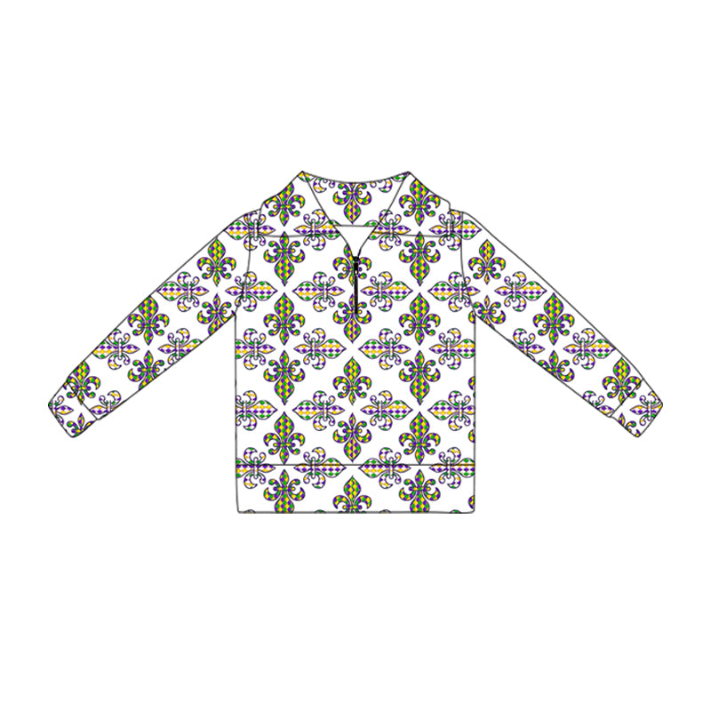 10.18 GT1359 Pre order No Moq Yoga fabric Baby Girls Mardigras Anchors Plaid Yoga Zipper Pullovers Top