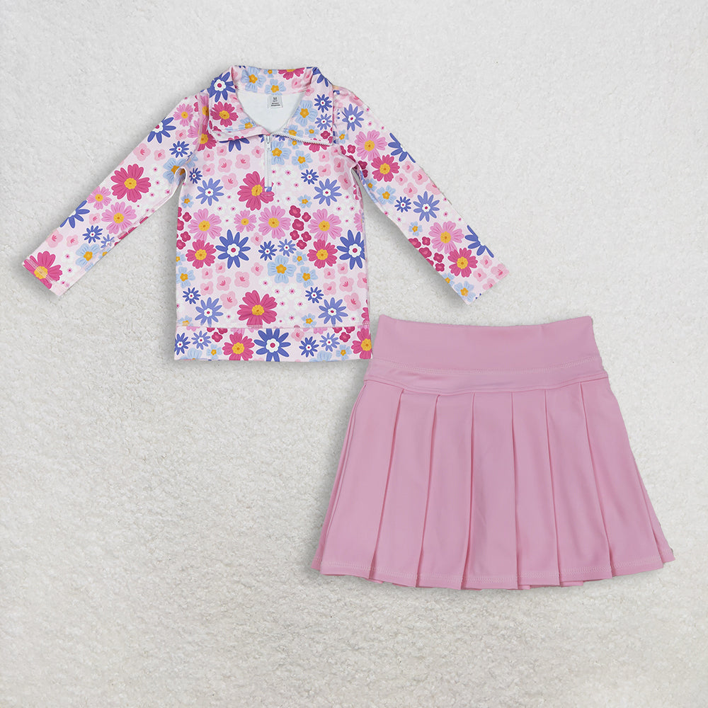 12.11 RTS NO MOQ (In stock)GT1373 + GLK0088 Baby Girls Pink Blue Daisy Flowers Yoga Active Zipper Pullovers Top Active Wear Skirts