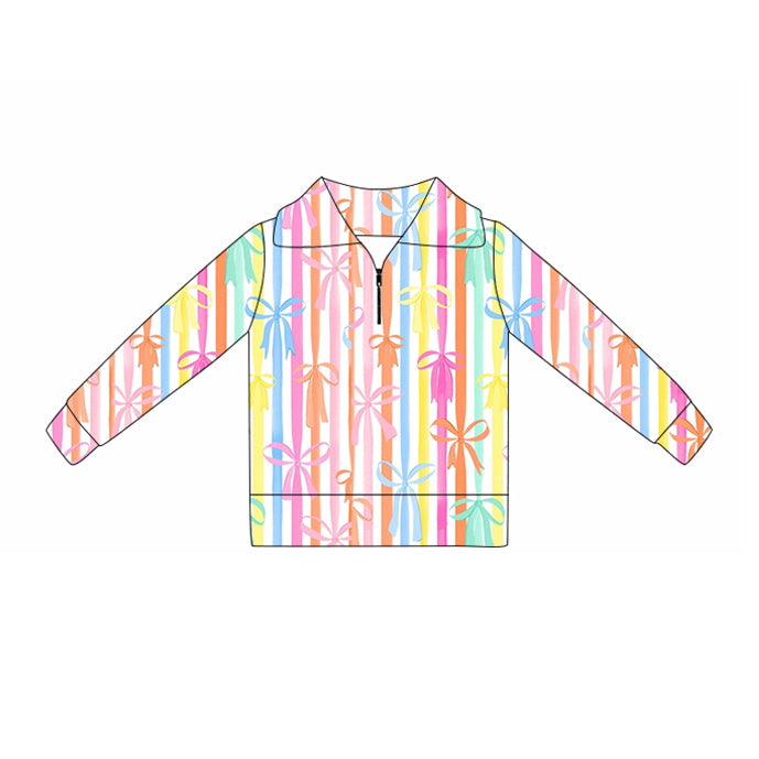 10.21 GT1374 Pre order No Moq Yoga fabric Baby Girls Colorful Bows Stripe Yoga Zipper Pullovers Top