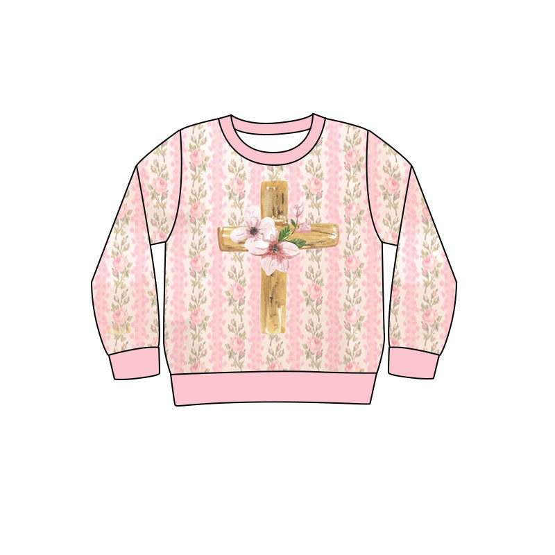 10.23 (Pre Order) No moq GT1377 PRE-ORDER Baby Girls Pink Flowers Stripe Cross Easter T-shirts Top