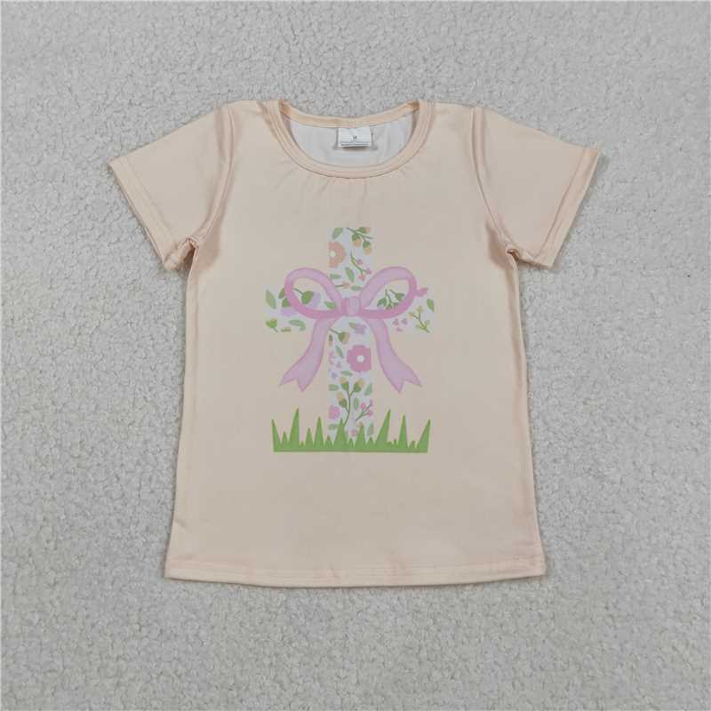 11.29 RTS NO MOQ (In stock)GT1397 Baby Girls Short Sleeve Flowers Cross Easter T-shirts Top