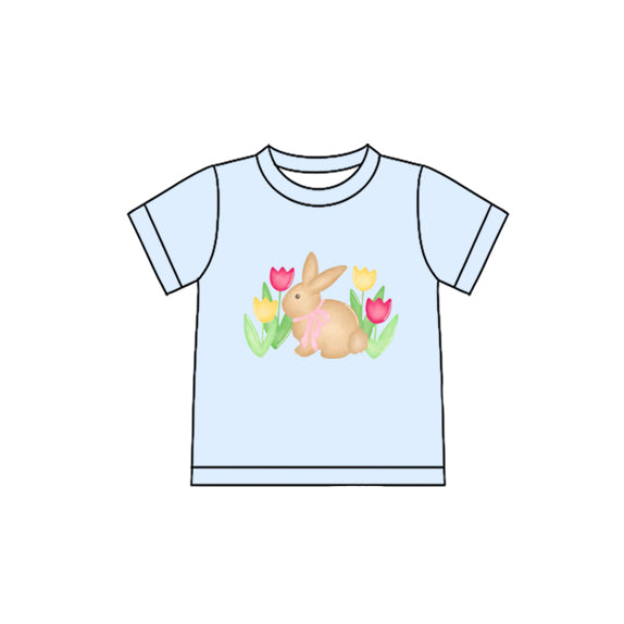 10.27 (Pre Order) No moq GT1398 PRE-ORDER Baby Girls Blue Short Sleeve Flowers Rabbits Easter T-shirts Top