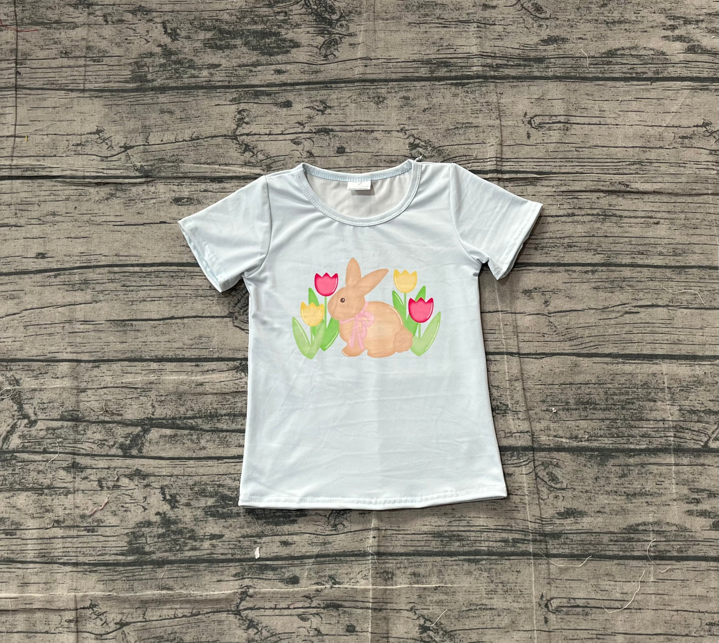 11.10 GT1398 Sample No Moq Baby Girls Blue Short Sleeve Flowers Rabbits Easter T-shirts Top