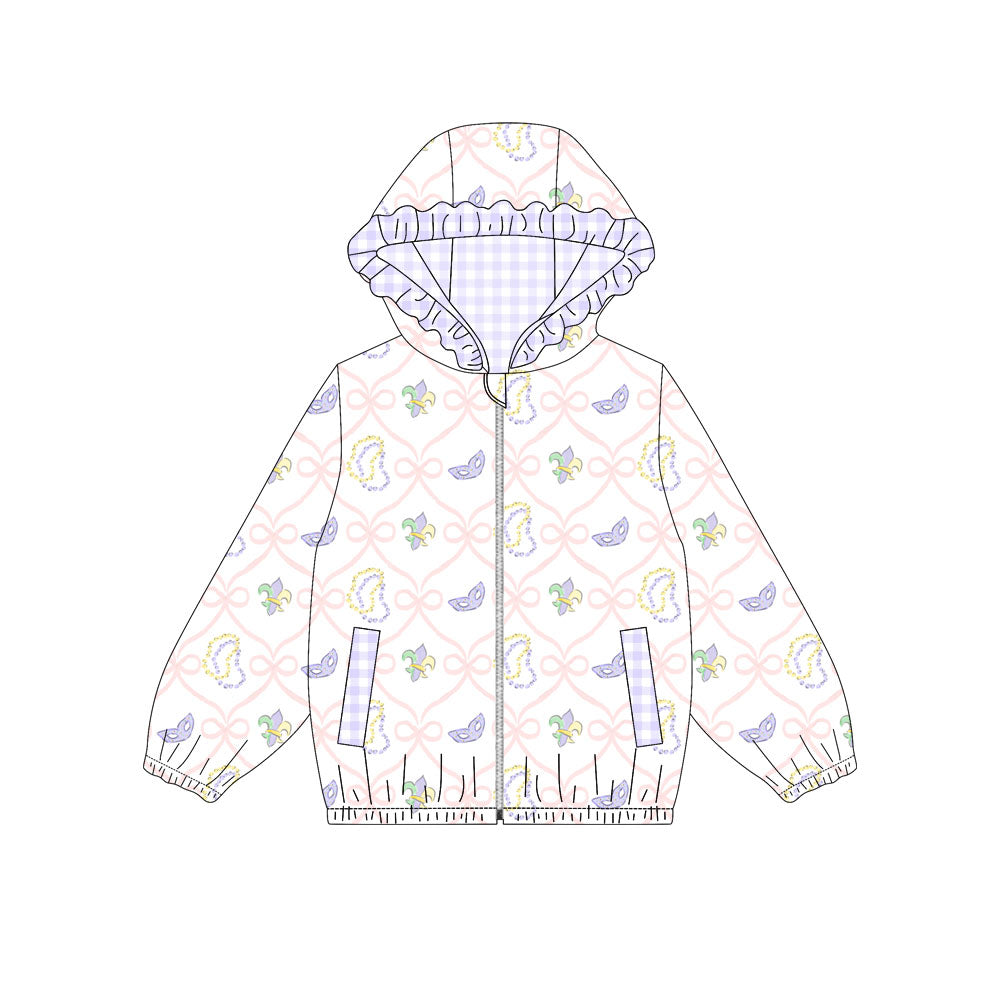 10.30 GT1401 Pre order No Moq Baby Girls Anchors Bows Checked Zipper Pockets Mardigras Ruffle Hoodies Jackets