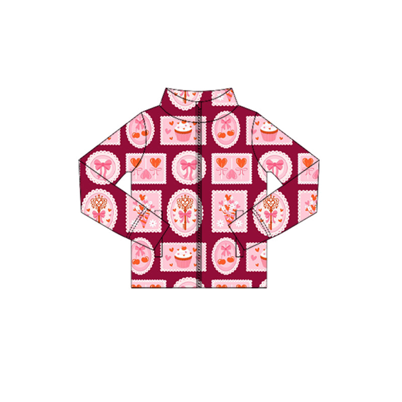 11.4 GT1418 Pre order No Moq Yoga fabric Baby Girls Long Sleeve Hearts Cakes Checked Zipper Pockets Valentine Yoga Jackets Top
