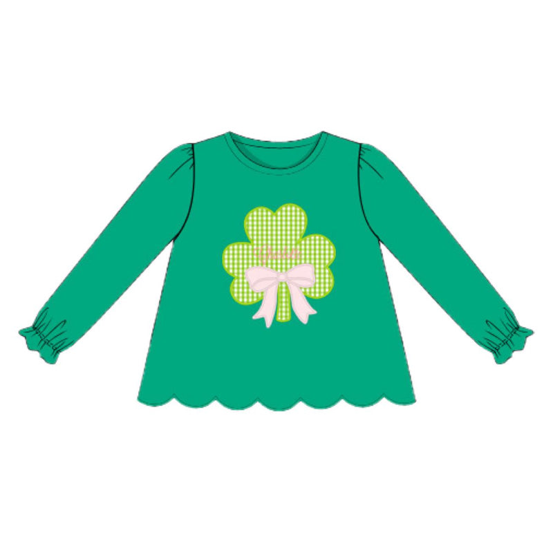 11.7 GT1421 Pre order No Moq Baby Girls Green Long Sleeve Clovers Bows St Patrick Tunic Shirts Top