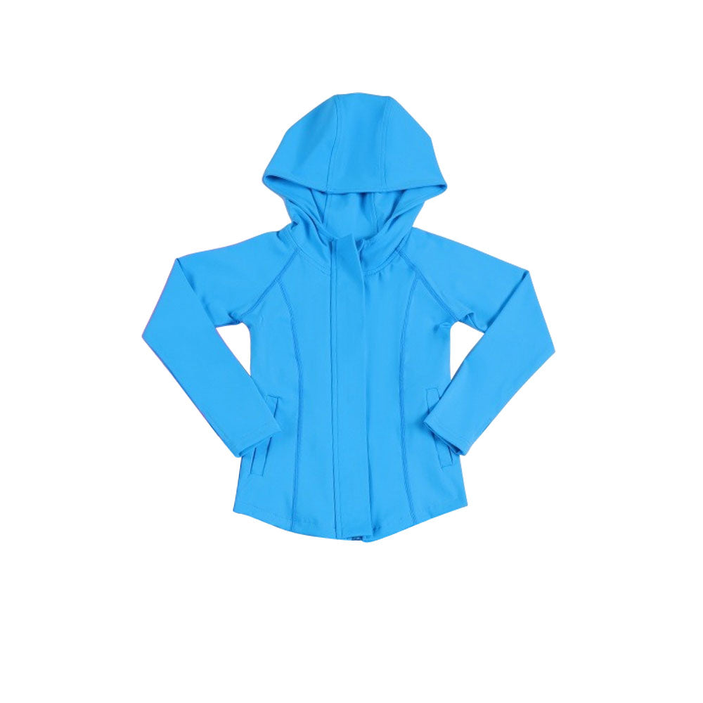 11.12 GT1435 Pre order No Moq Yoga fabric Baby Girls Blue Long Sleeve Pockets Zipper Yoga Hoodies Jackets Top