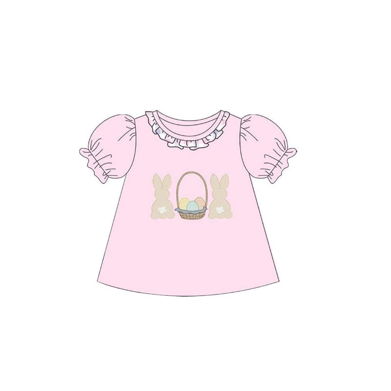 11.21 GT1478 Pre order No Moq Baby Girls Pink Ruffle Sleeve Collar Rabbits Eggs Easter T-shirts Top