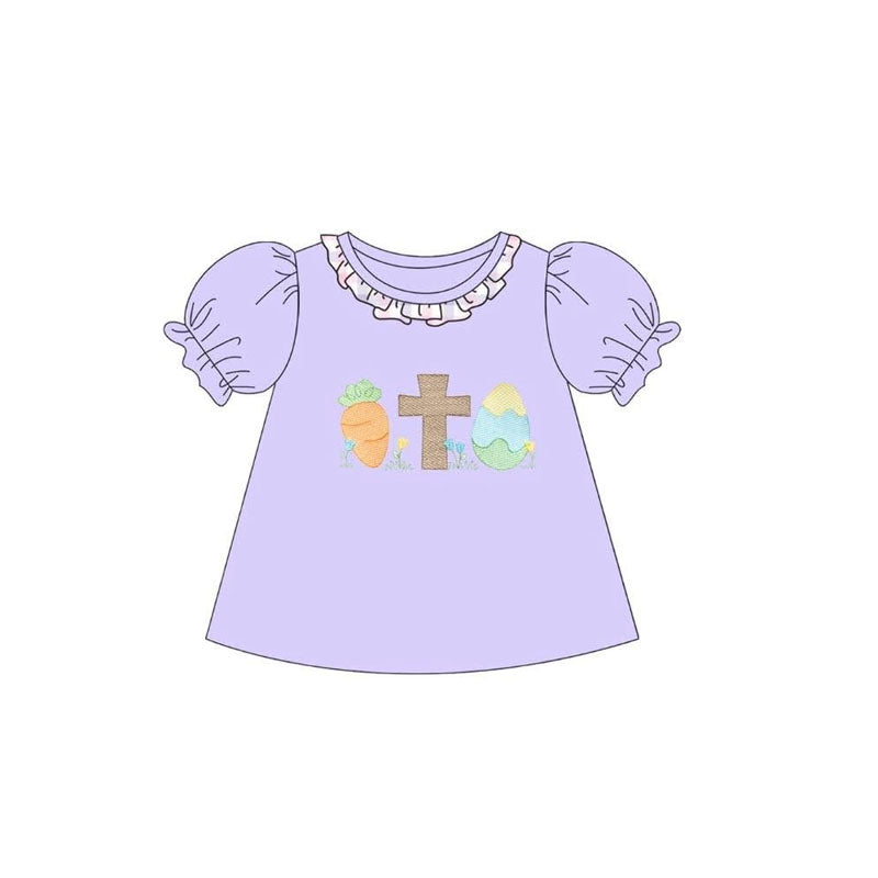 11.21 GT1479 Pre order No Moq Baby Girls Purple Ruffle Sleeve Collar Carrots Eggs Cross Easter T-shirts Top