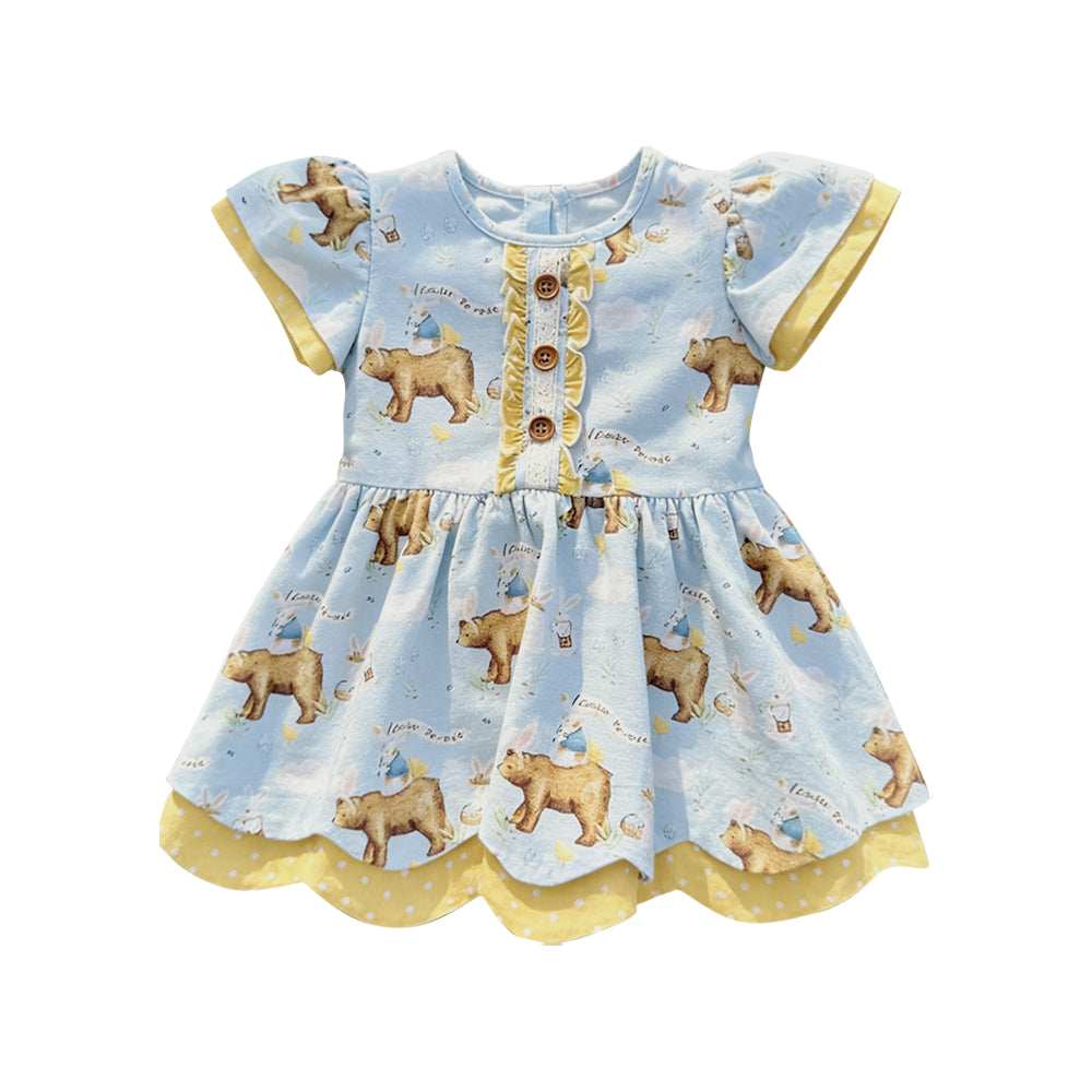 1.6 GT1582 Pre order No Moq Baby Girls Short Sleeve Rabbits Bears Button Easter Tunic Shirts Top