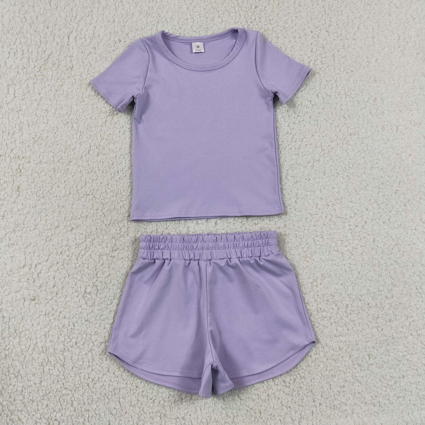 GSSO3759 (GT1628+SS0895)RTS NO MOQ (In stock)Short sleeves lavender top shorts kids girls yoga active set