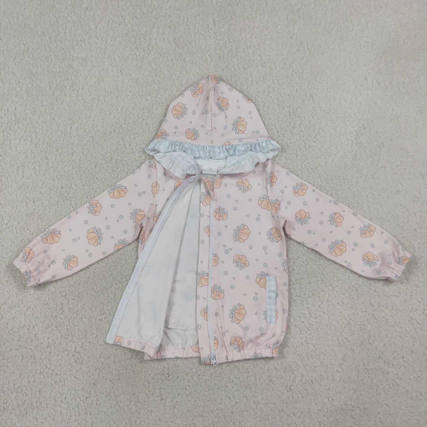GT1660 RTS NO MOQ (In stock)Long sleeves pumpkin bow ruffle girls fall hooded jacket
