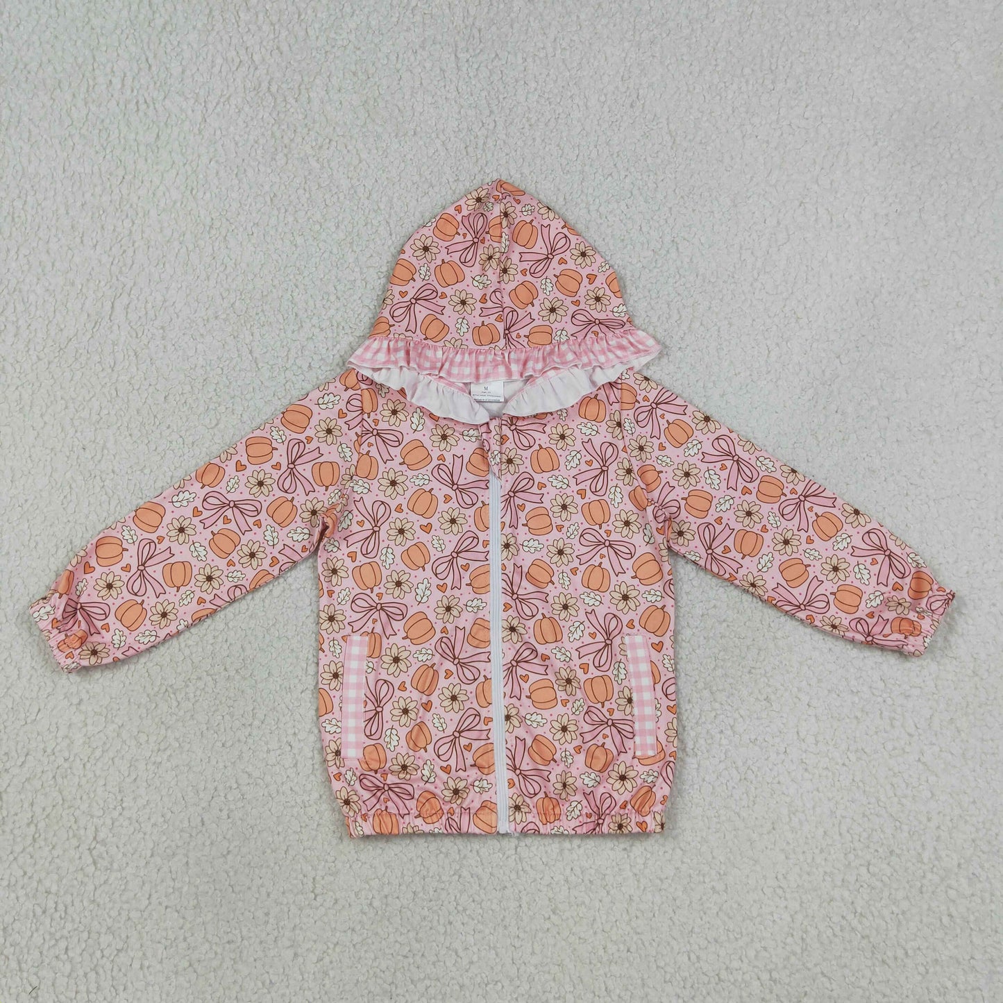 RTS Sibling Pumpkin plaid pocket ruffle zipper girls fall hooded jacket