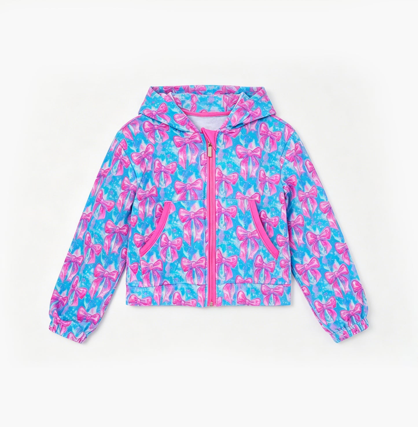 4.25 GT1674 Pre order No Moq Baby Girls Colorful Tie-dye Print Bows Yoga Active Zip Pockets Hoodies Top