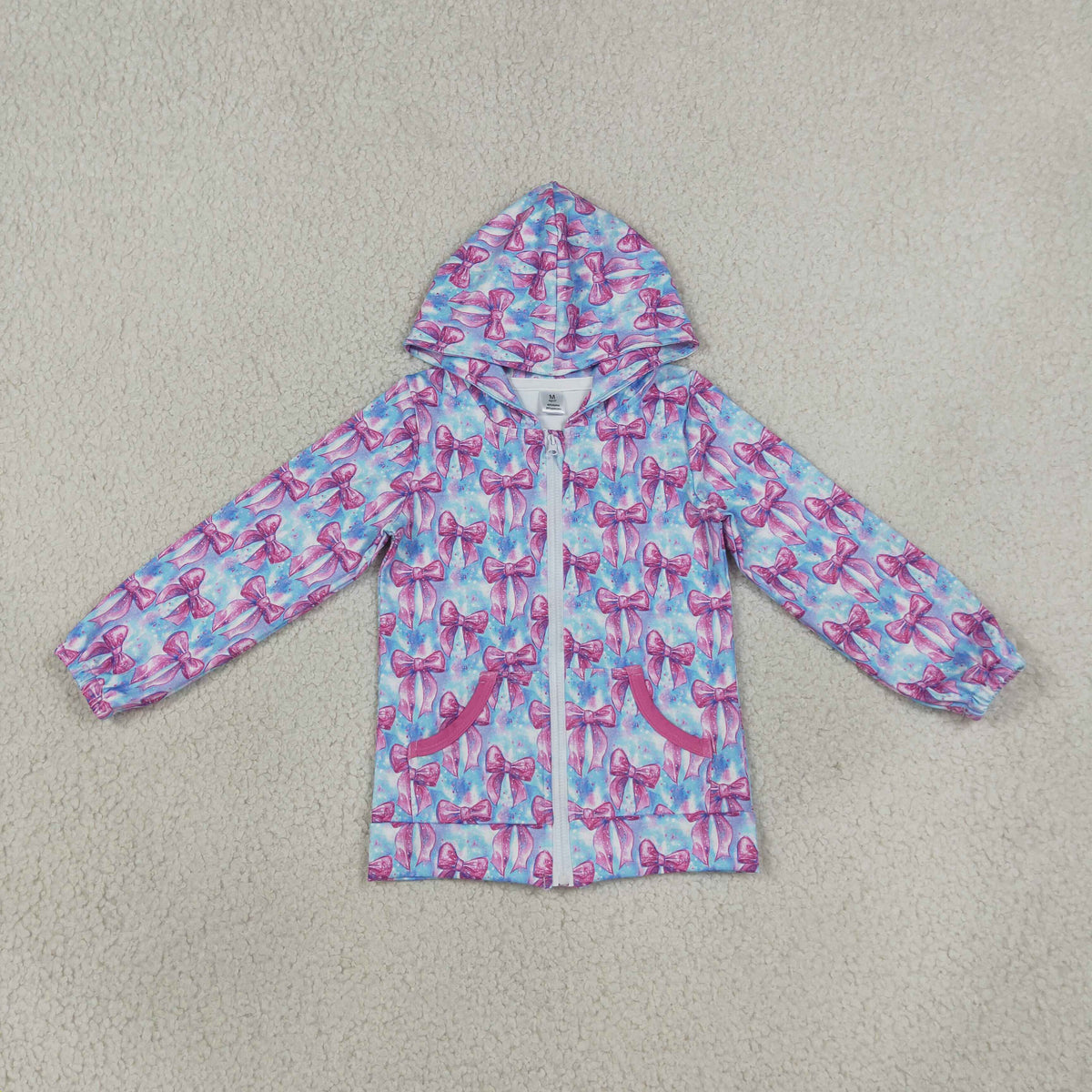 RTS NO MOQ (In stock)yoga fabric GT1674 Yoga Little Girls Fashion Tie dye Print Bows Zip Pocket Athletic Hooded Top