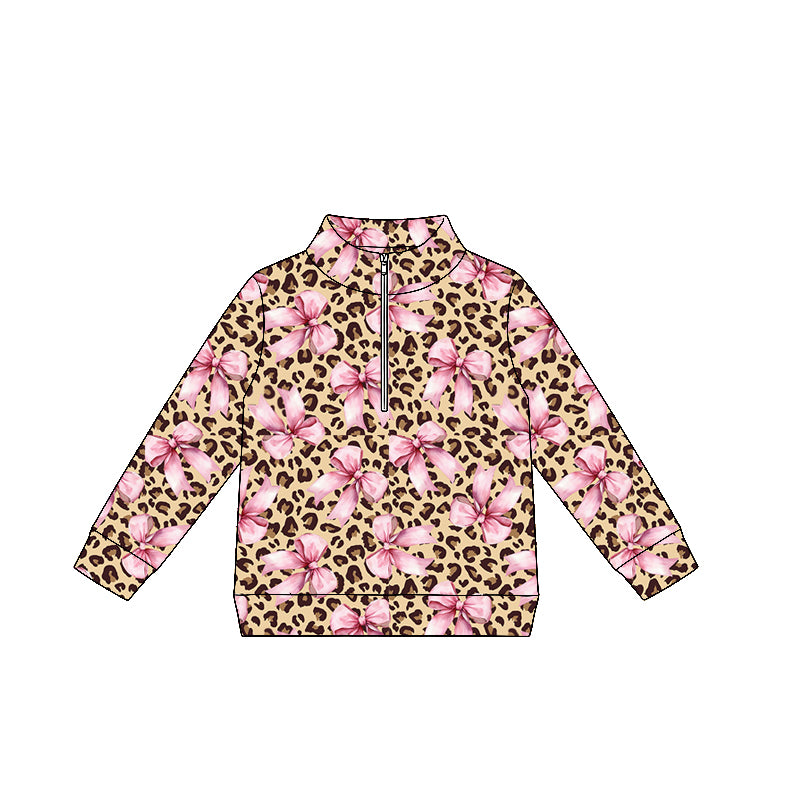 4.27 GSD4112 Pre order No Moq Baby Girls Long Sleeve Leopard Pink Bows Zipper Pullovers Top
