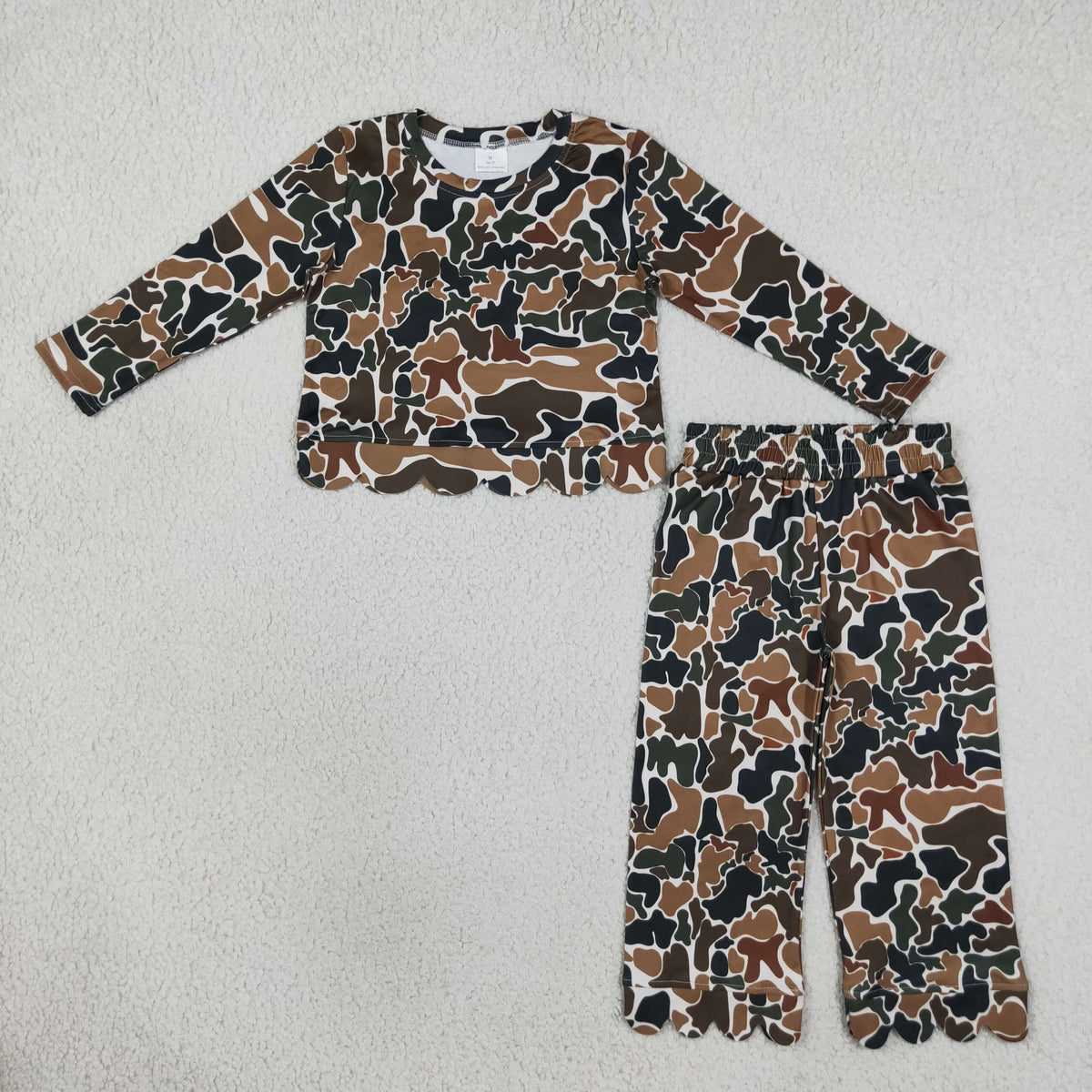 RTS NO MOQ (In stock)milk silk GT1688+P1145 Baby Girls Dark Brown Camo Scallop Trim Long Sleeve Top And Pants Pajama Set