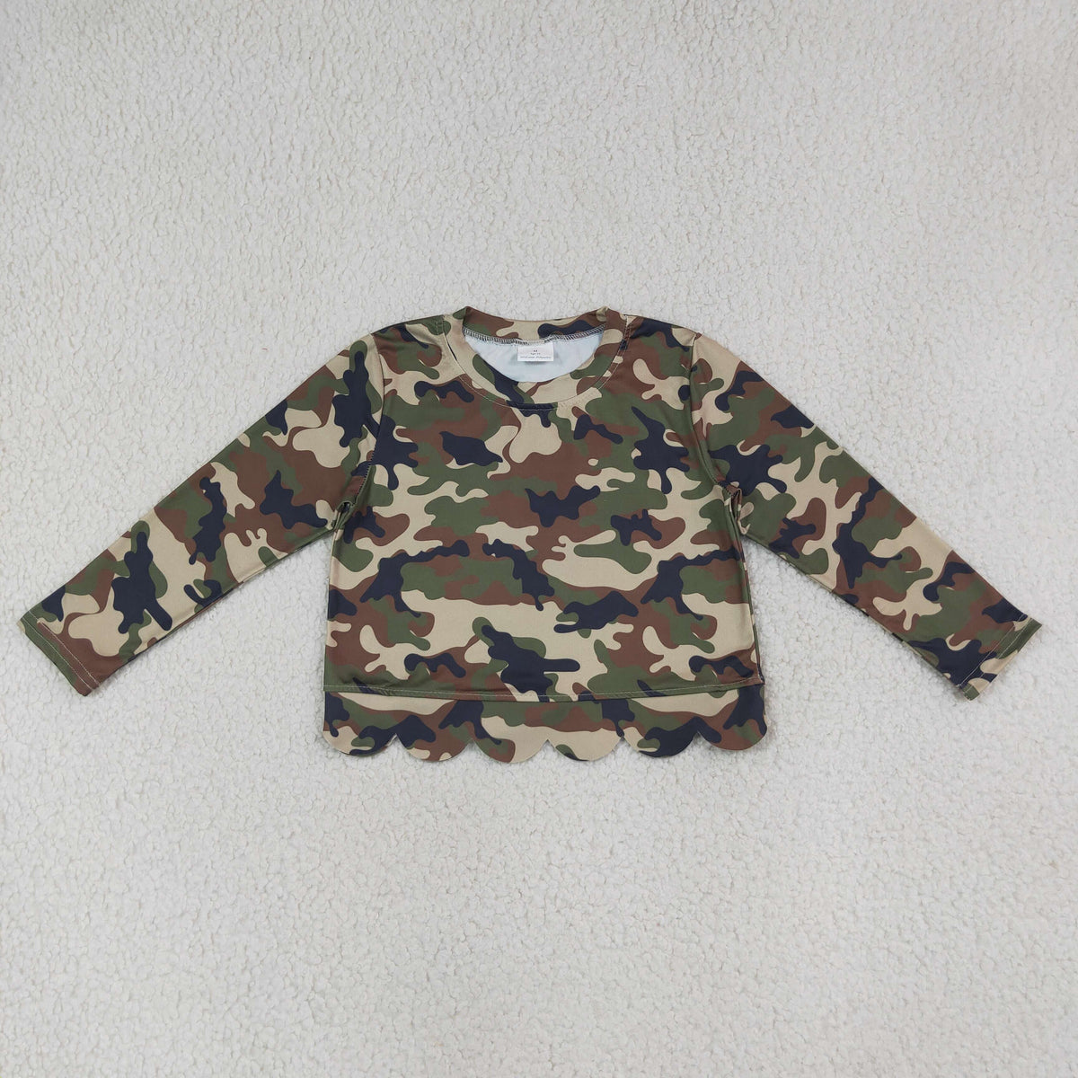 GT1691 RTS NO MOQ (In stock)milk silk Baby Girls Long Sleeve Southern Green Camo Scallop T-shirts Top