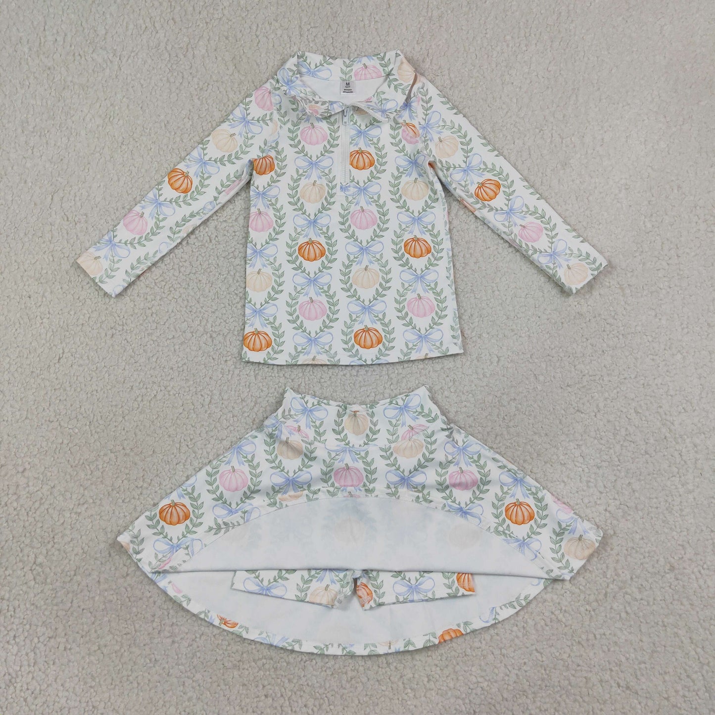 GLD1635(GT1705+GLK0317)RTS NO MOQ (In stock)Baby Girls Colorful Pumpkin Bow Zip Pullover Short Skirt Yoga Active Sets