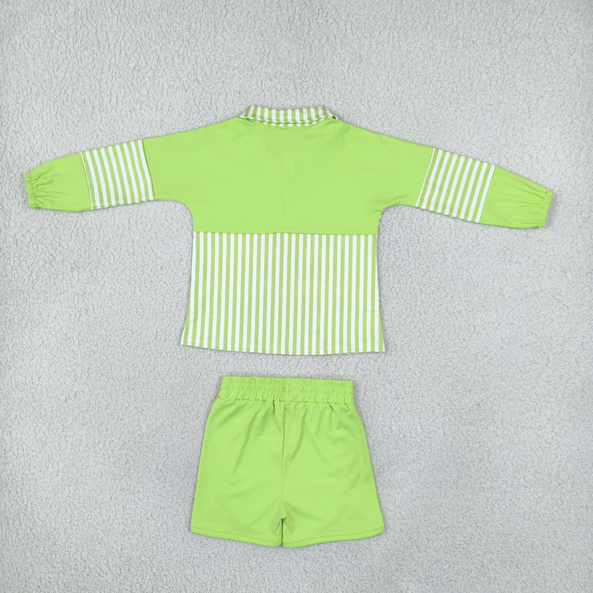 RTS NO MOQ (In stock)yoga fabric GLS0109 (GT1718+SS0952) Yoga Baby Girls Green Stripe Print Zip Pullover Matching Shorts Two Piece Yoga Active Set