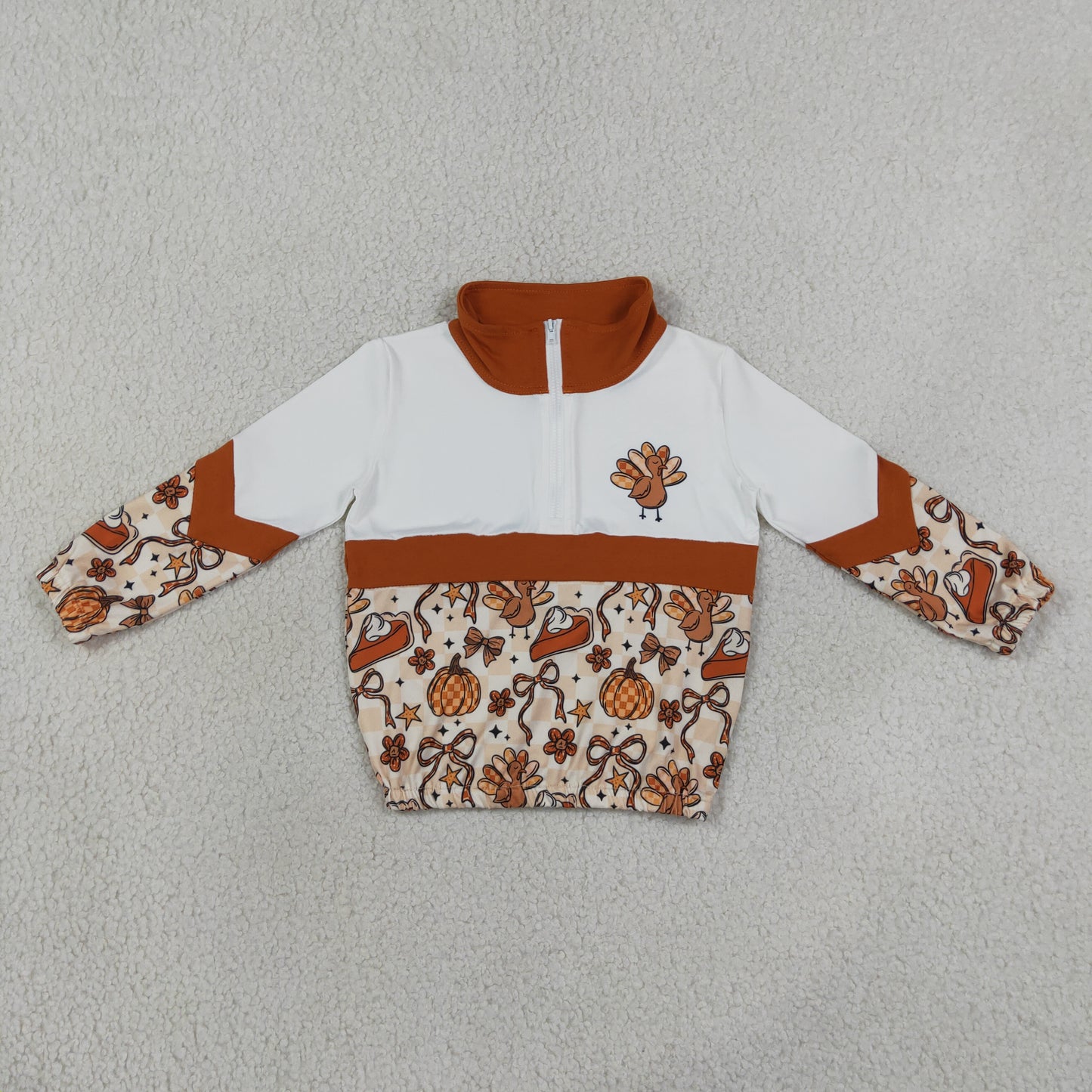 GT1723 RTS NO MOQ (In stock)Baby Girls Turkey Bow Pumpkin Print Zip Pullover Thanksgiving Casual Top