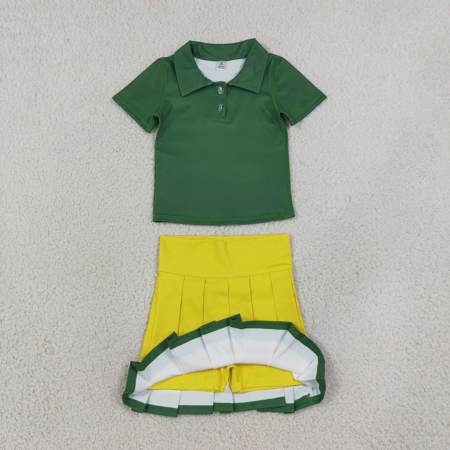 RTS NO MOQ (In stock)yoga fabric cotton GT1727+GLK0319 Yoga Baby Girls Green Short Sleeve Yoga Active Button Polo Shirts Top Daily Top Yellow Green White Yoga Active Pleated Skirt Short Bottoms Sets
