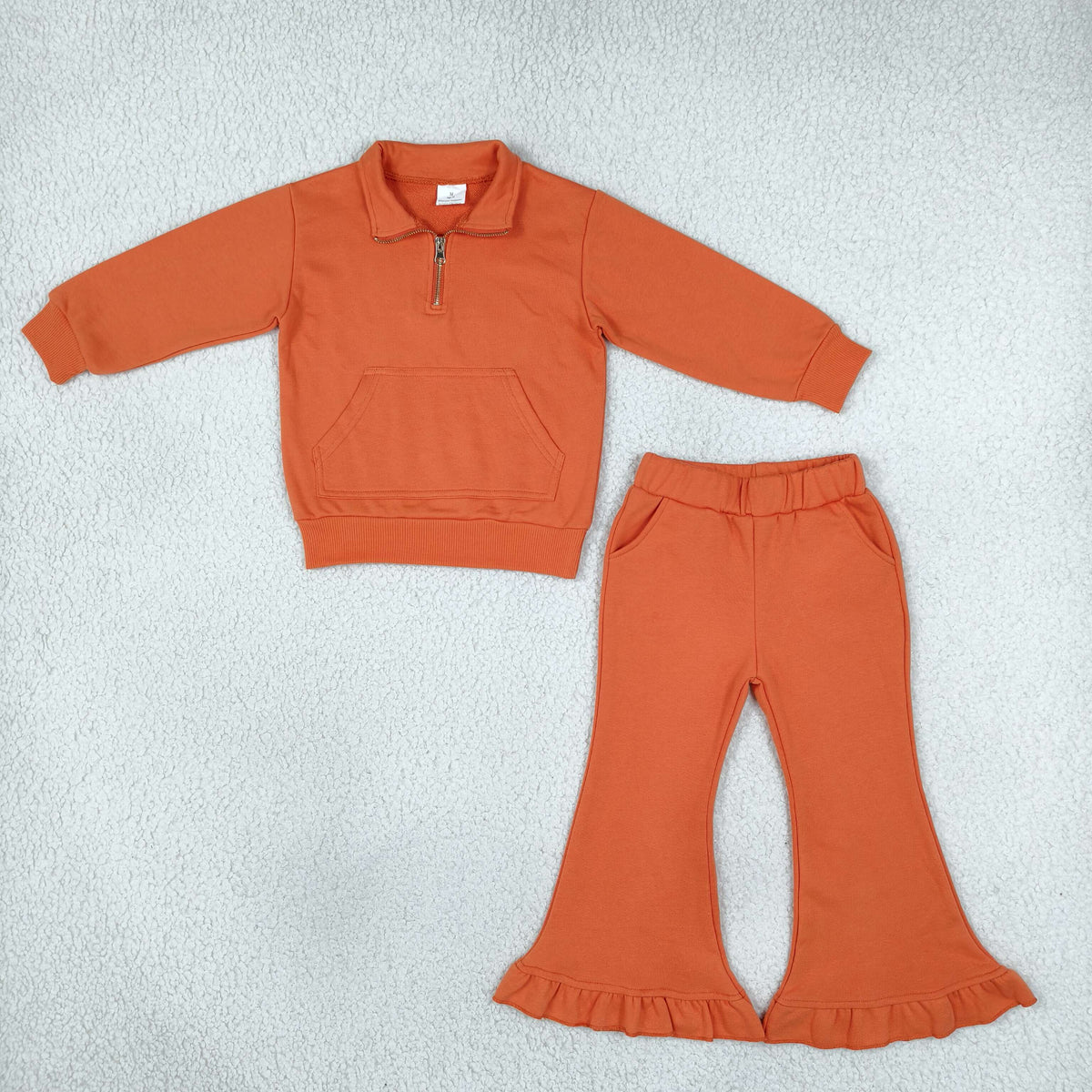 RTS NO MOQ (In stock)fleece GLP3490(GT1765+P1073)Baby Girls Orange Zip Pockets Top Ruffle Flare Pant Sweater Clothes Set Cute Casual Outfit