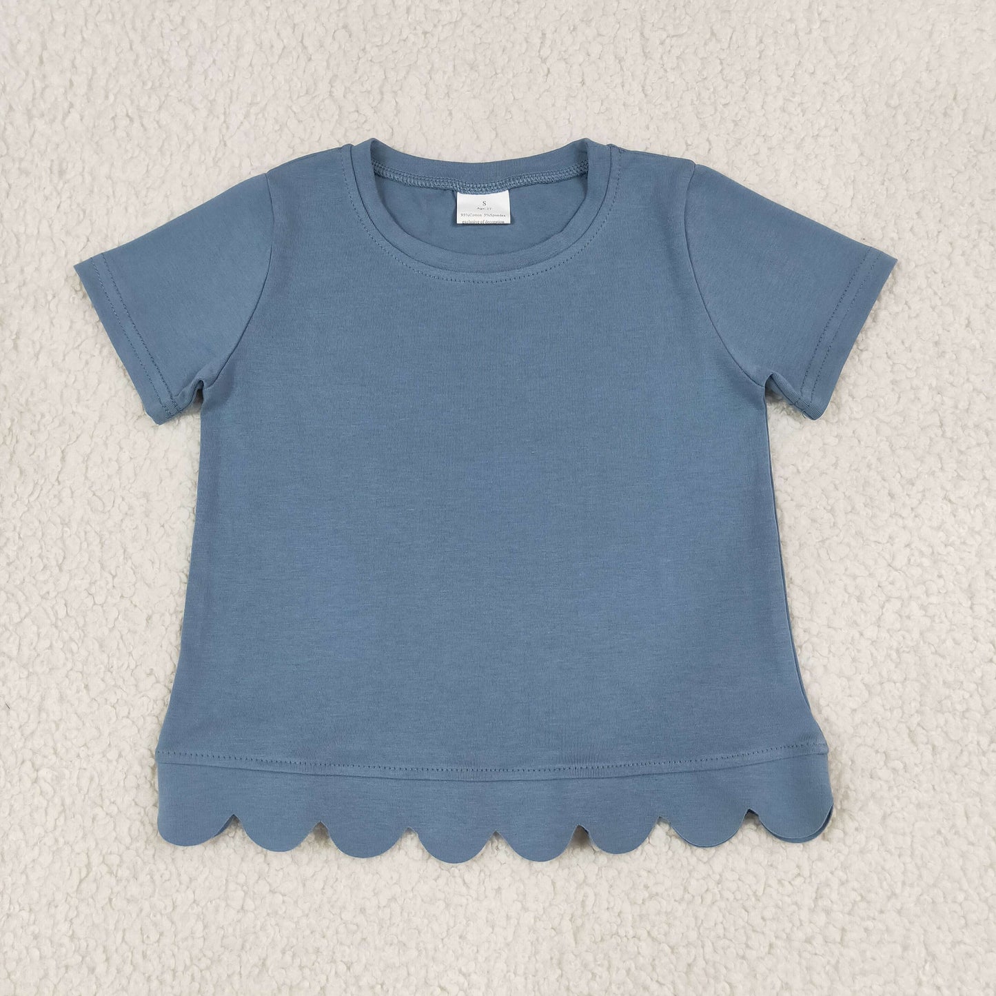 GSPO2339(GT1769+P1077)RTS NO MOQ (In stock)cotton Baby Girls Blue Short Sleeve Shirts Top Flare Pant Scallop Sets