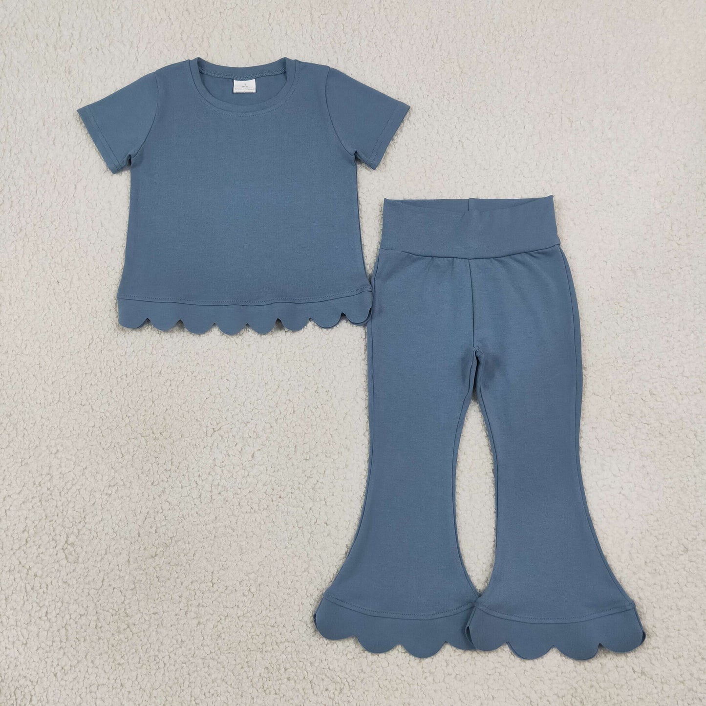 RTS NO MOQ Sibling cotton Baby Girls Solid Color Short Sleeve Top Flare Pant Scallop Clothes Sets Spring Summer Casual Outfit