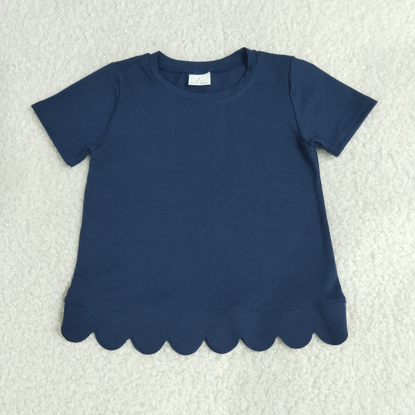 RTS NO MOQ (In stock)cotton GT1773 Baby Girls Navy Blue Short Sleeve Scallop T‑shirts Top Summer Spring Casual Pullover Tees