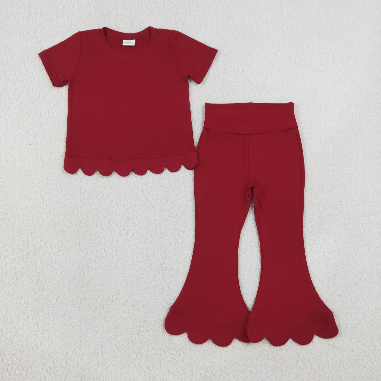 RTS NO MOQ (In stock)Cotton GSPO2344(GT1774+P1082)Baby Girls Maroon Short Sleeve Shirts Top Flare Pant Scallop Sets