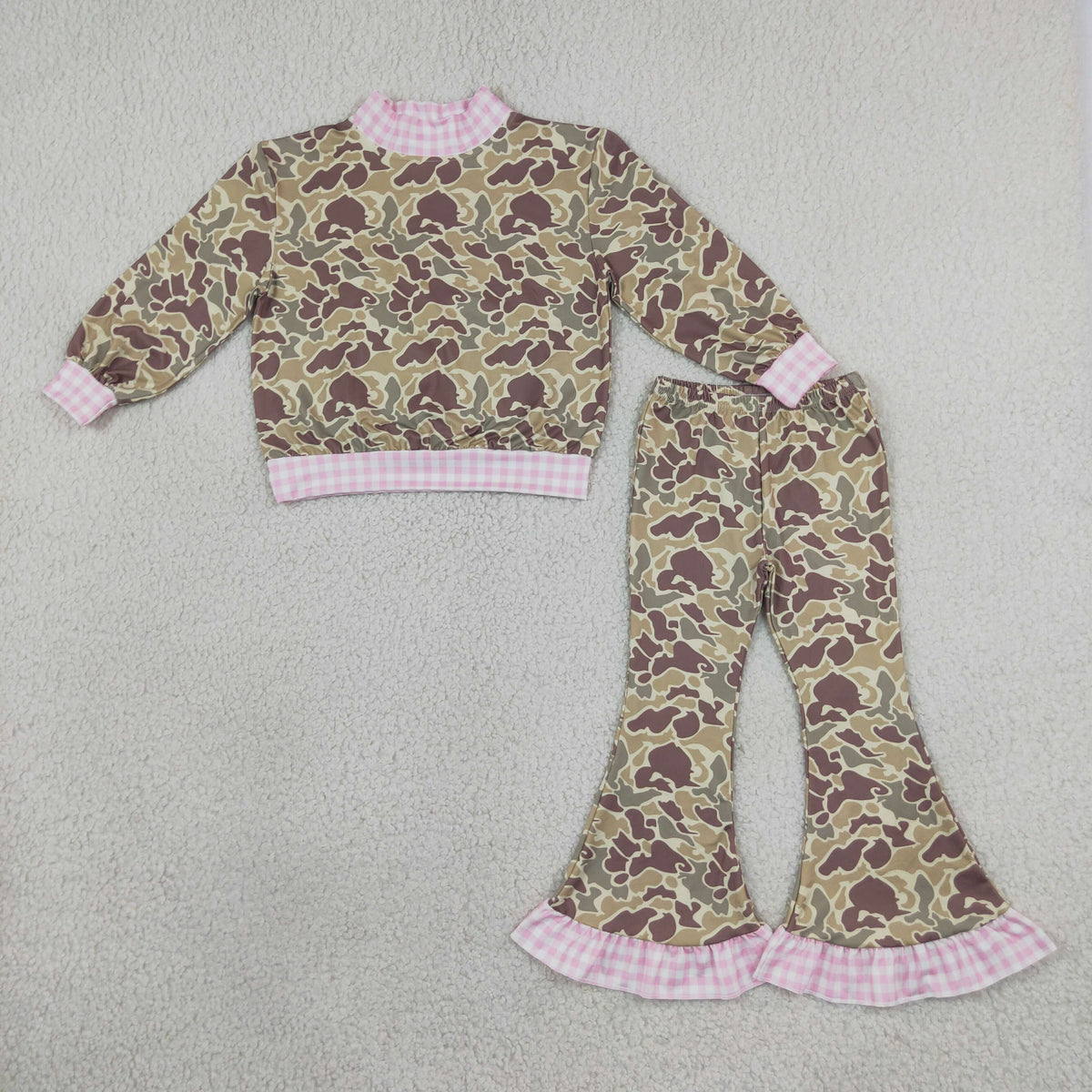 RTS NO MOQ (In stock)milk silk GLP3735(GT1841+P1183)Baby Girls Khaki Camo Top Bell Bottom Pant Clothes Set