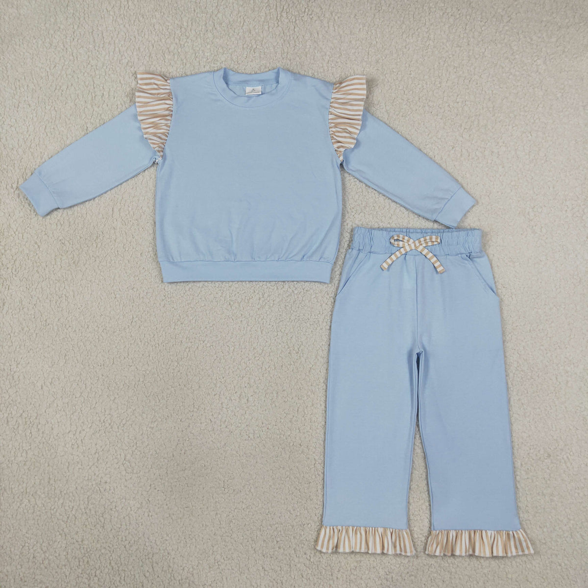 RTS NO MOQ (In stock)cotton GLP3696(GT1843+P1152)Baby Girls Light Blue Stripe Flutter Sleeve Top Pockets Ruffle Pant Clothes Set Cute Casual Outfit