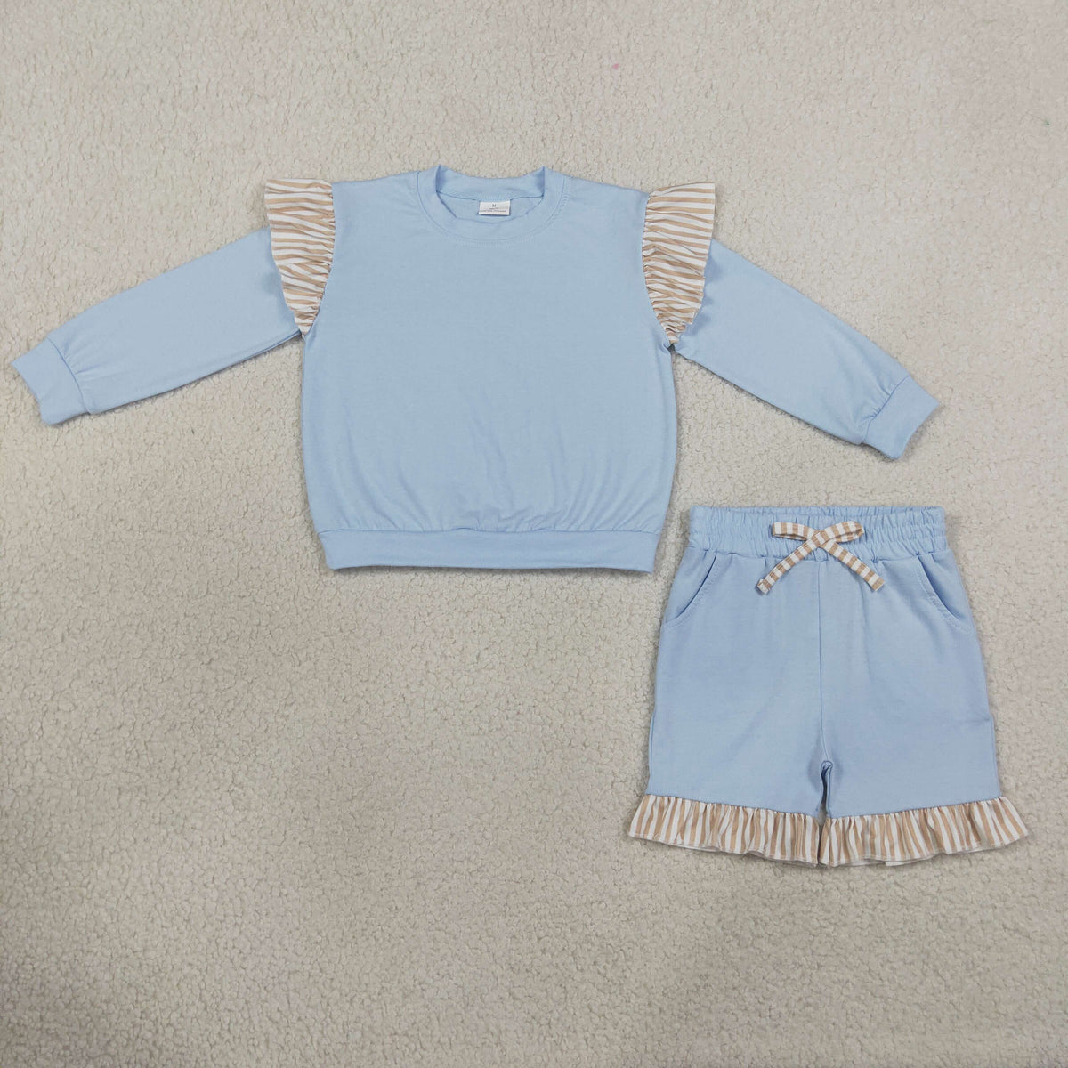 RTS NO MOQ (In stock) cotton GLS0216(GT1843+SS0995)Baby Girls Blue Stripe Flutter Sleeve Top Pockets Ruffle Short Set