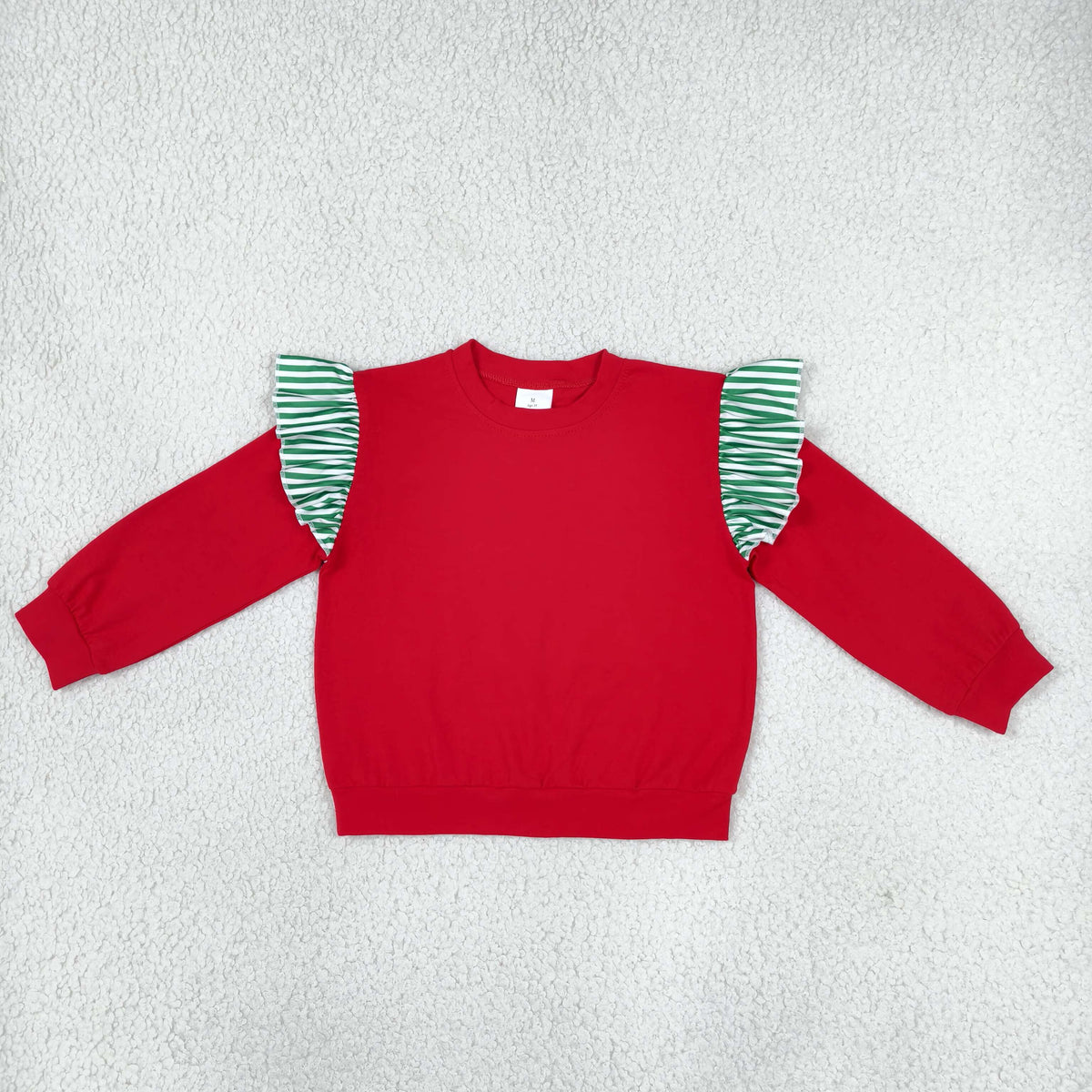 RTS NO MOQ (In stock)cotton GT1844 Baby Girls Red Green Stripe Long Flutter Sleeve Casual T Shirts Top For Daily Wear