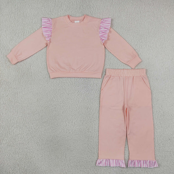 RTS NO MOQ Sibling cotton Baby Girls Solid Color Stripe Ruffle Sleeve Top Ruffle Hem Pant Clothes Set