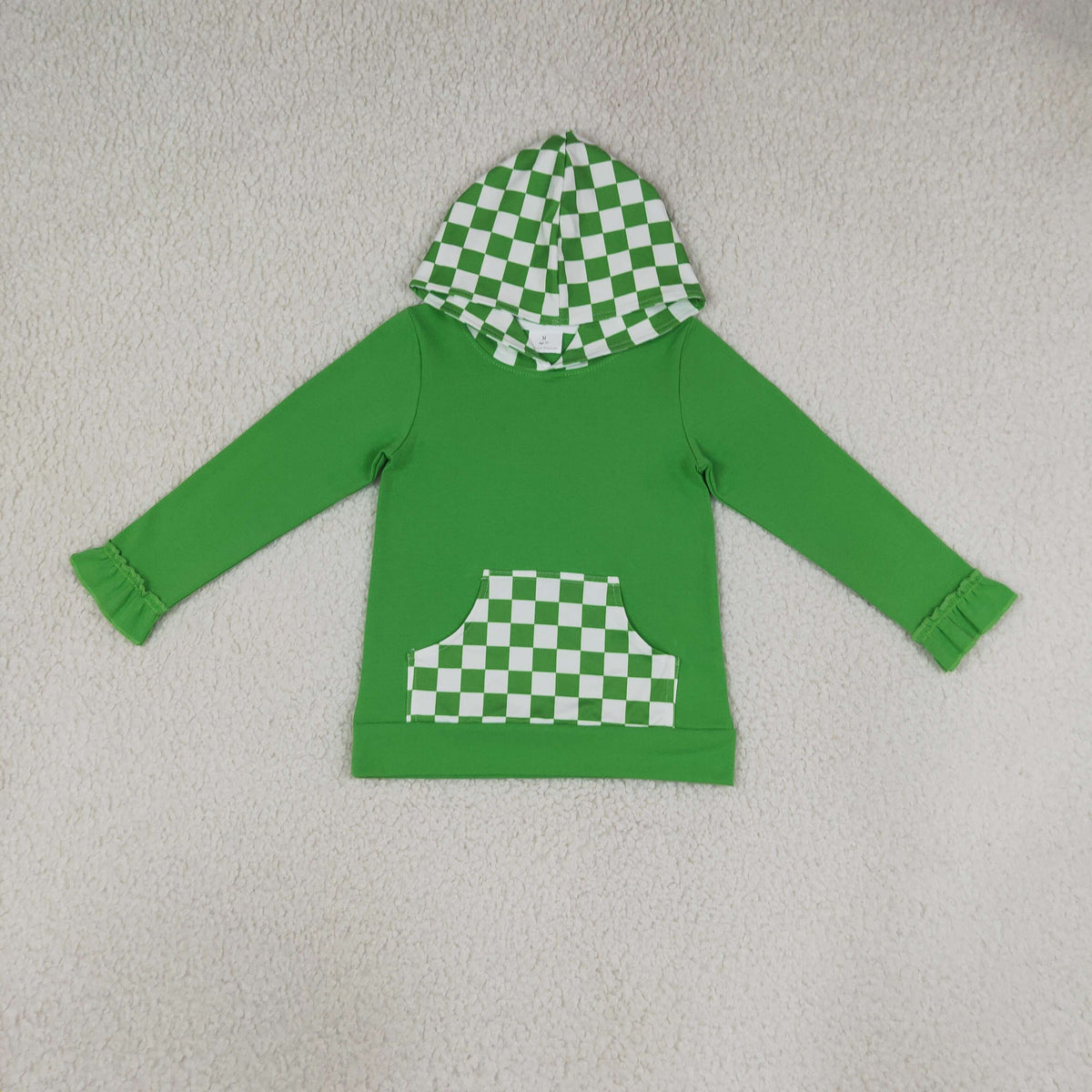 RTS NO MOQ (In stock)milk silk GT1855 Baby Girls Green Checked Pocket Ruffle Casual Long Sleeve Hoodies Top