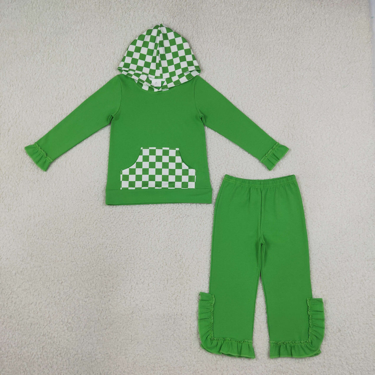 RTS NO MOQ (In stock) milk silk GLP3714(GT1855+P1165)Baby Girls Green Checked Pocket Long Sleeve Hoodie Ruffle Pant Outfit