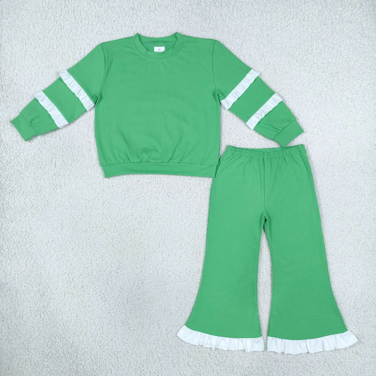 RTS NO MOQ (In stock)cotton GLP3717(GT1858+P1168)Baby Girls Green White Long Sleeve Top Flare Pants Clothes Set