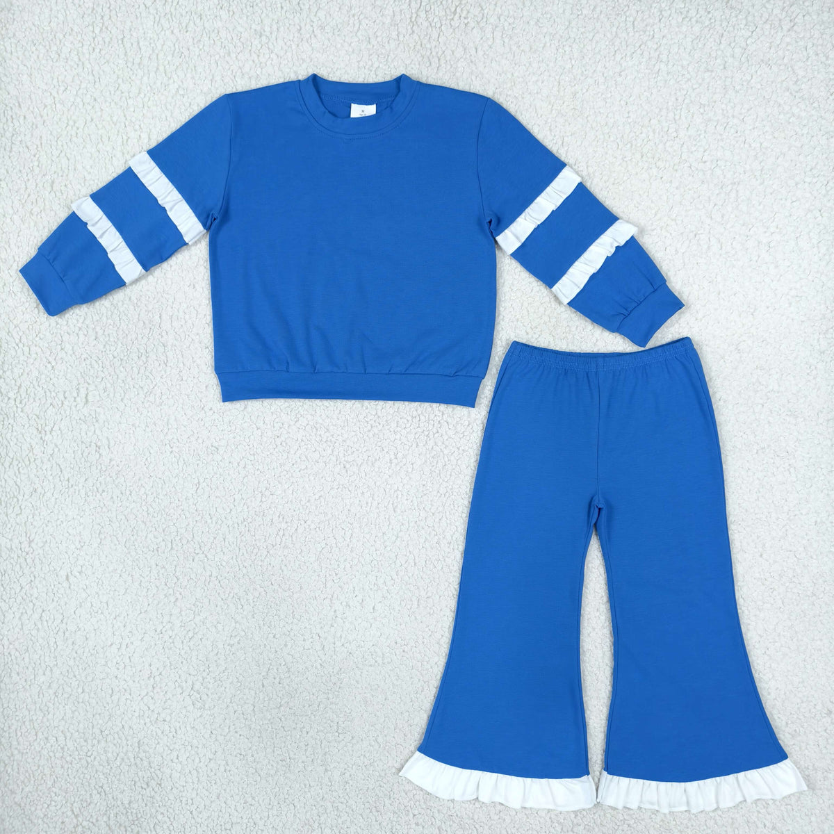 RTS NO MOQ (In stock)cotton GLP3719(GT1860+P1170)Baby Girls Blue White Long Sleeve Top Flare Pants Set