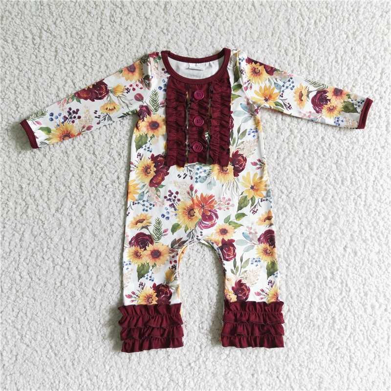 USA Warehouse (IN STOCK) LR0009 Maroon Floral Long Sleeve Baby Romper Fall Season Comfortable Cotton Outfit for Infants Girls Boy Baby Rompers